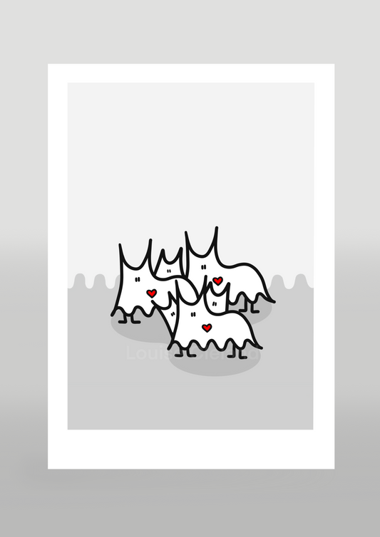 Two Tone Light Grey Print Ghost Cat Family Love