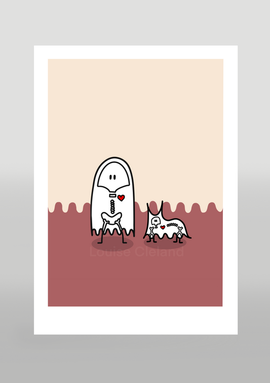 Cream and Brown Print Ghost and Ghost Cat With Bones