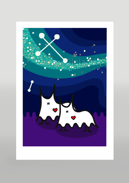 Purple Starry Night Sky With Two Ghost Cats